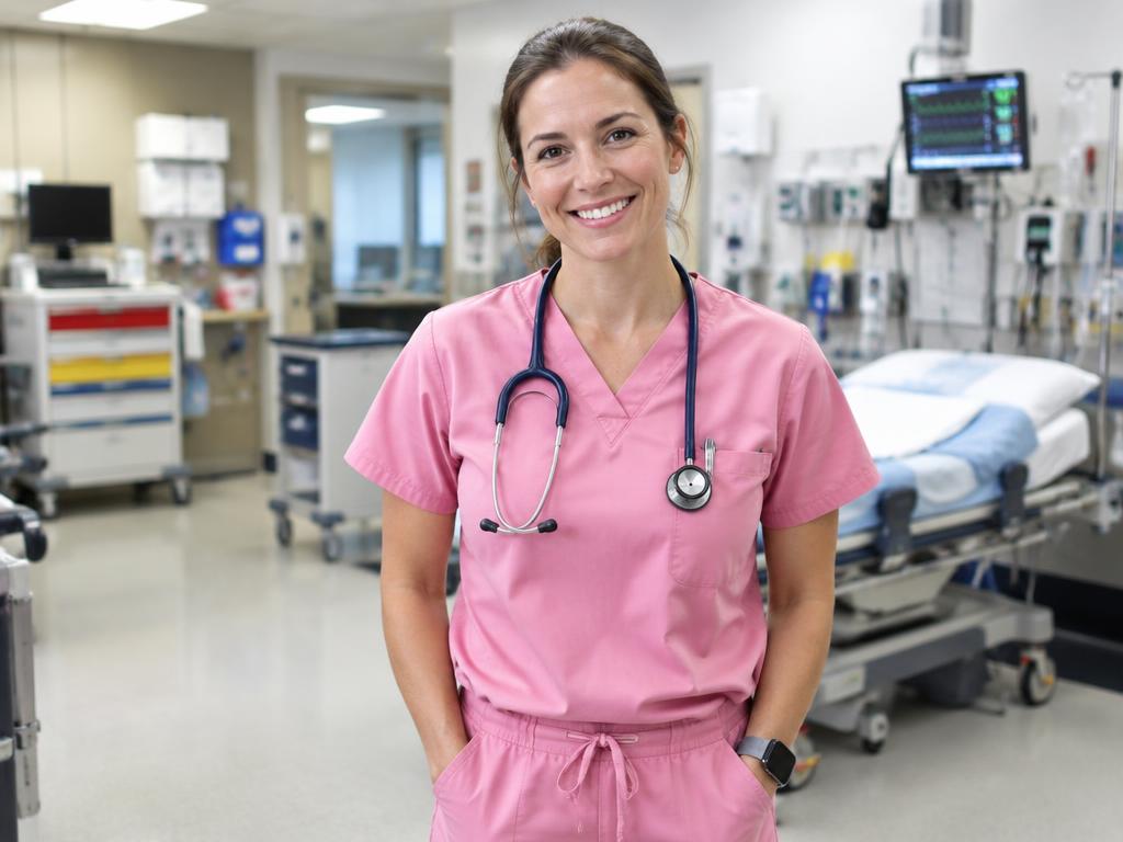A smiling nurse in pink scrubs in a hospital ER