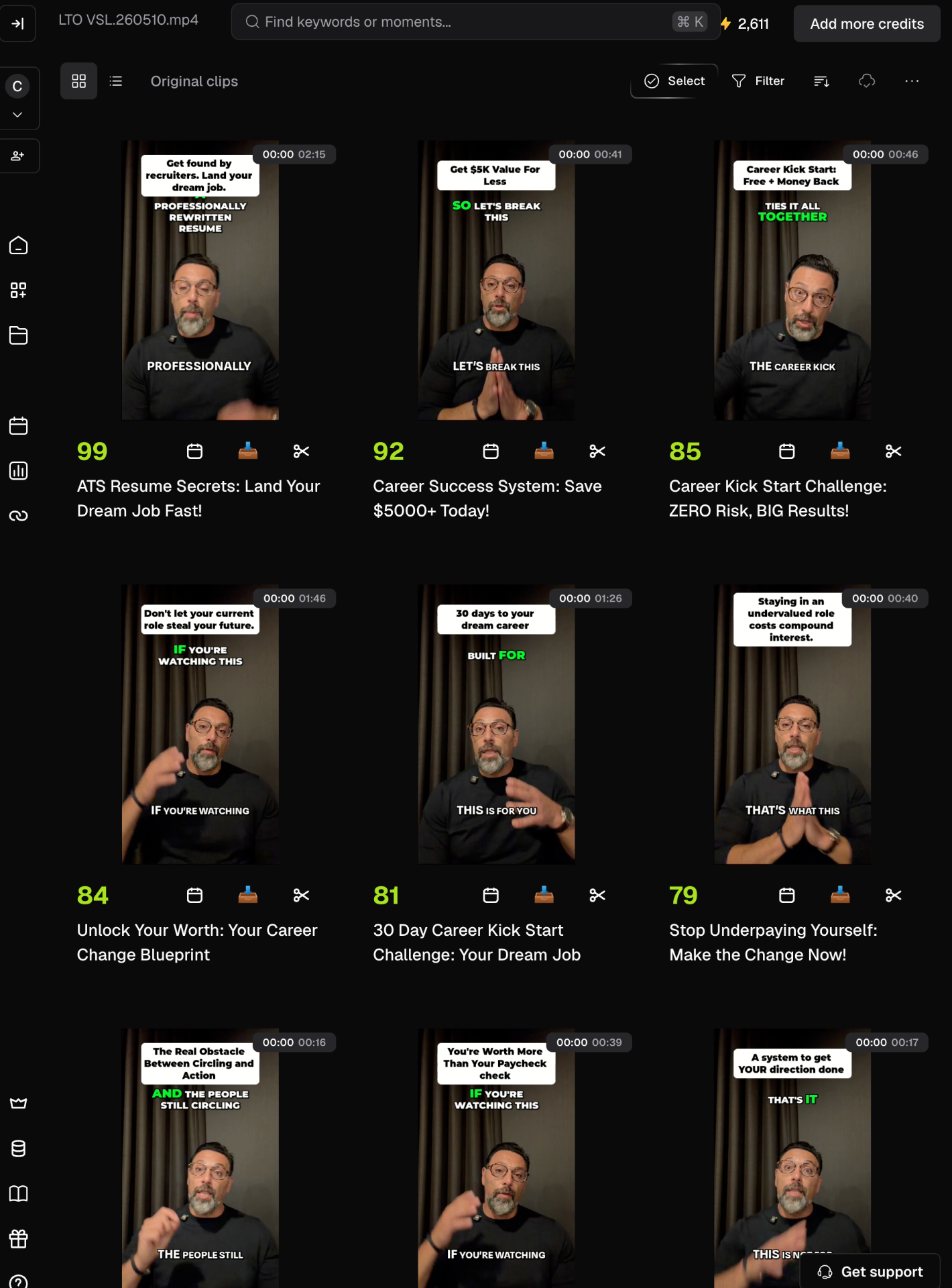 Grid of 30+ shorts cut from a single Live