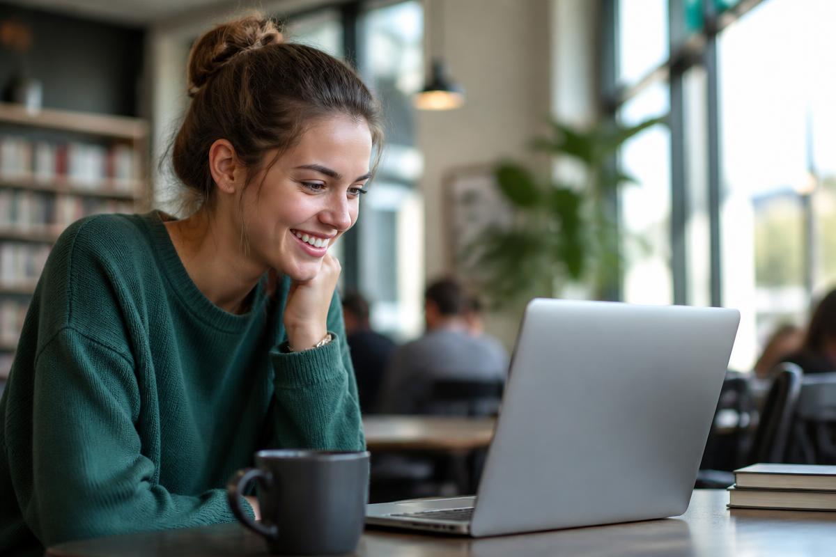 Smiling student browsing an online career program catalog on a laptop