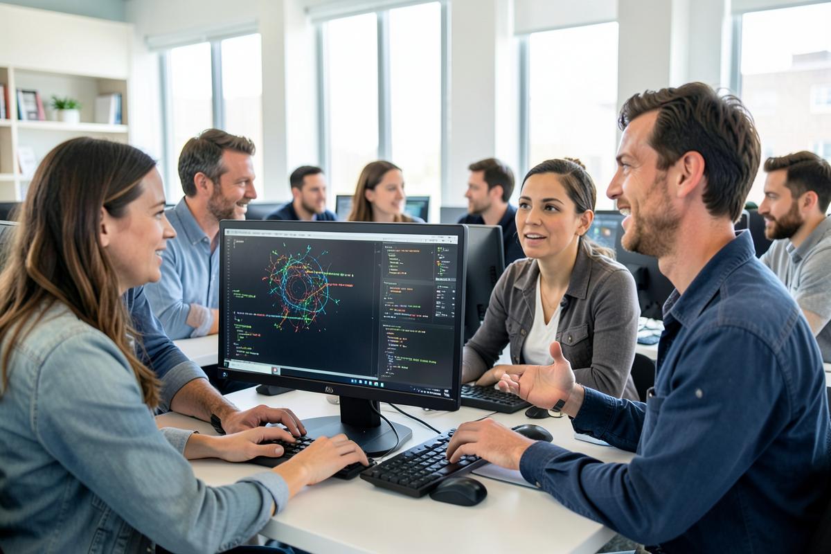 Technology professionals collaborating at computers