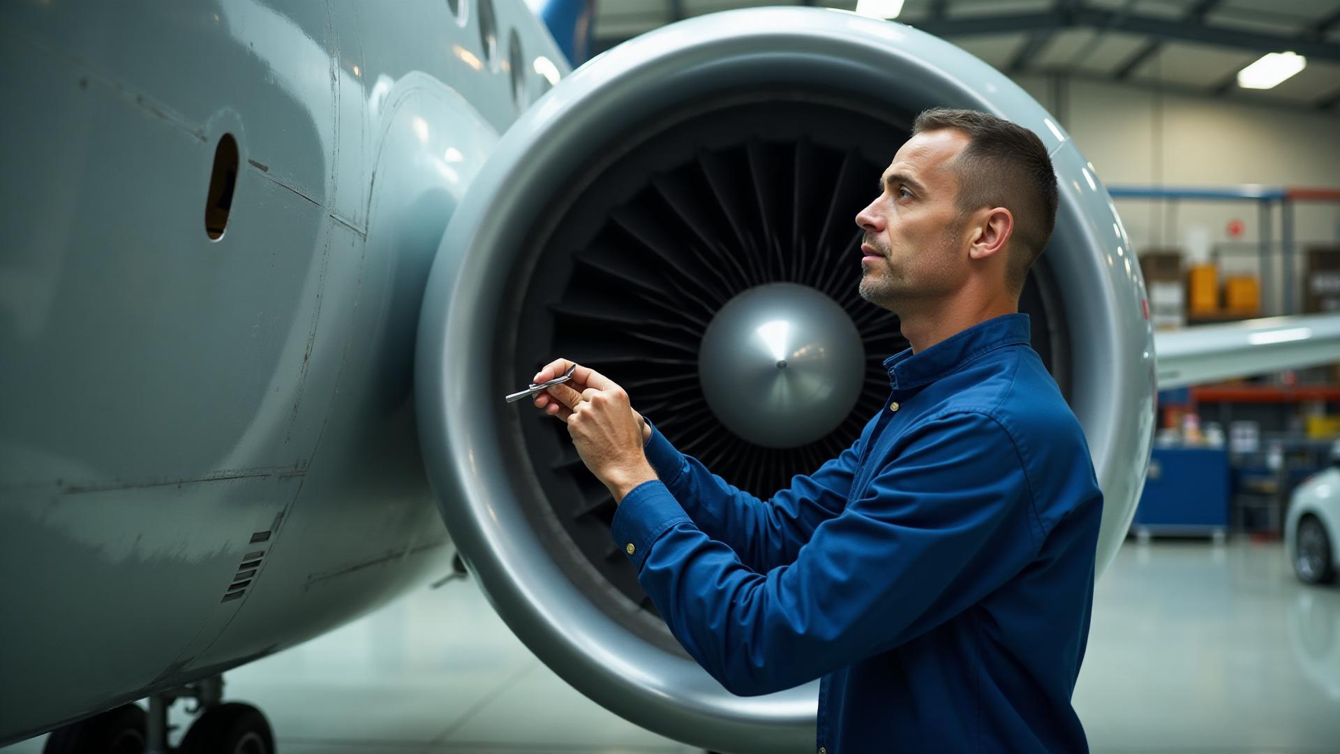 An aircraft maintenance technician inspecting an engine in a hangar