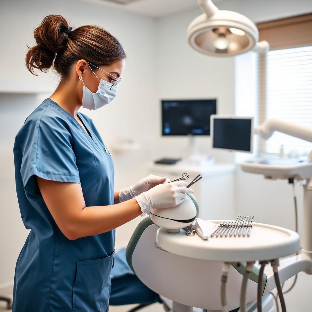 Dental assistant preparing instruments in a modern dental office
