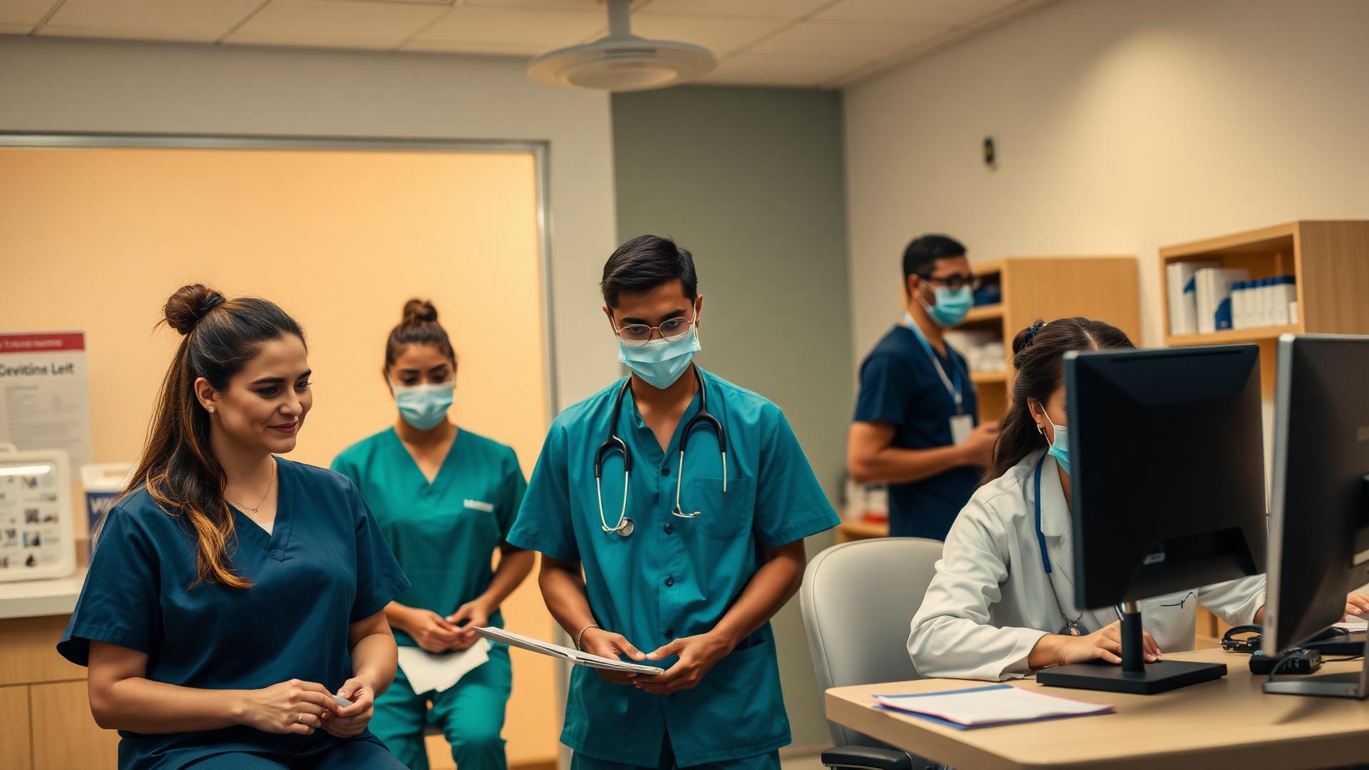 Allied healthcare professionals working together in a modern clinic