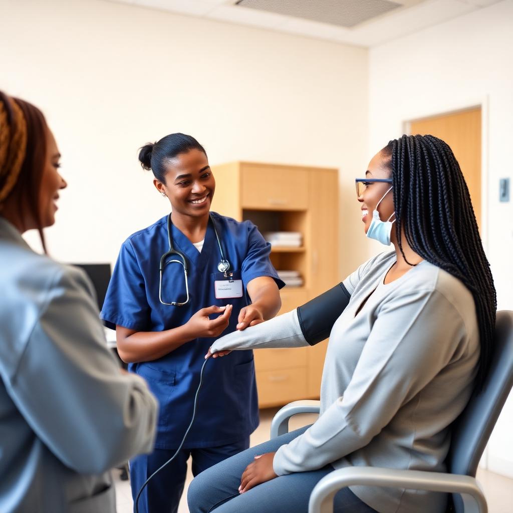 Medical assistant taking a patient's blood pressure in an exam room