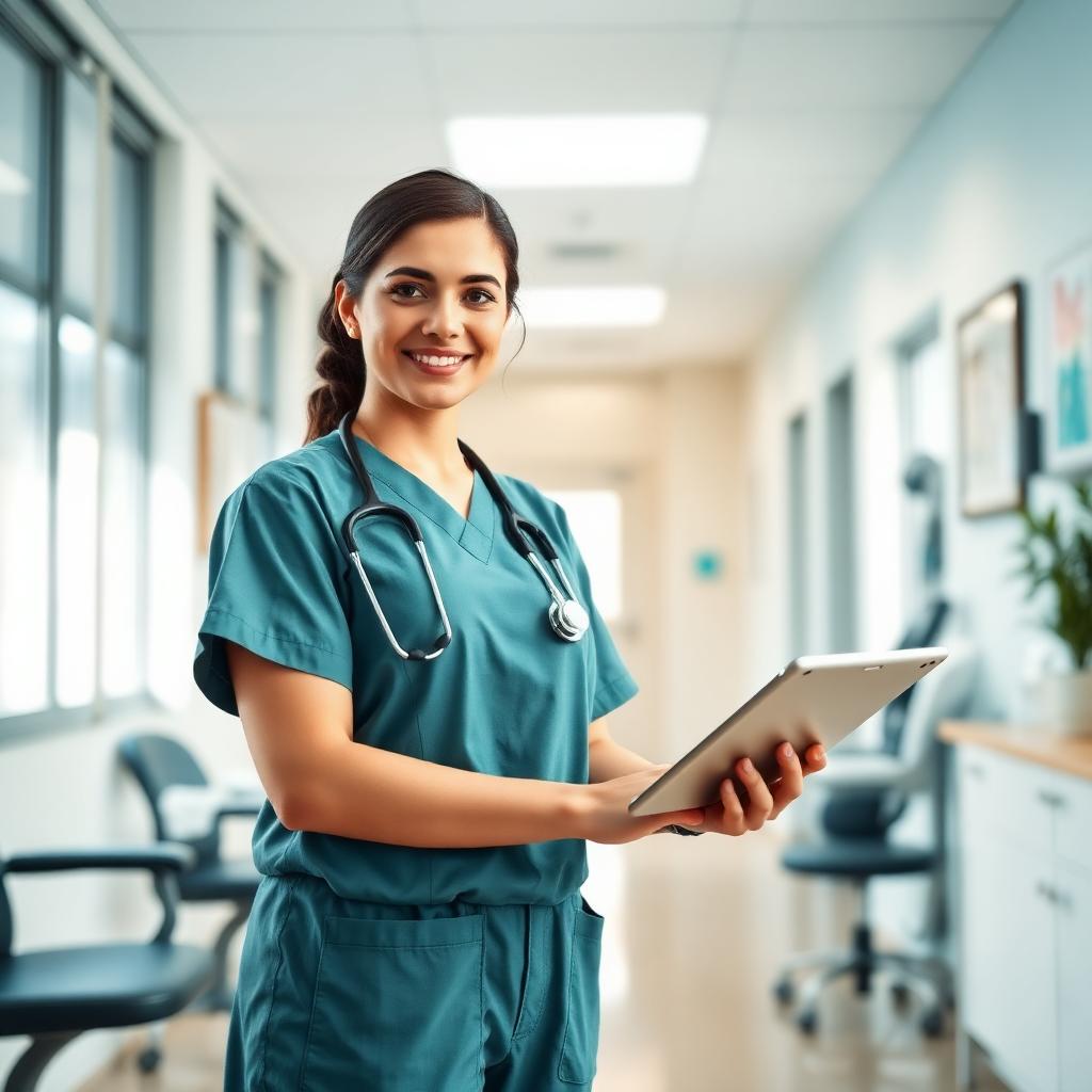 Confident medical assistant in scrubs with a stethoscope in a bright physicians office