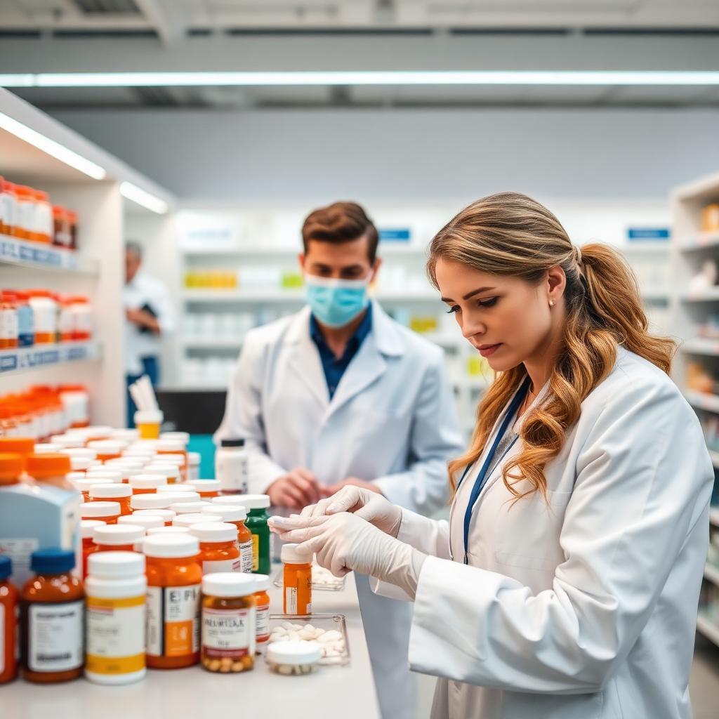 Pharmacy technician organizing prescriptions behind a pharmacy counter