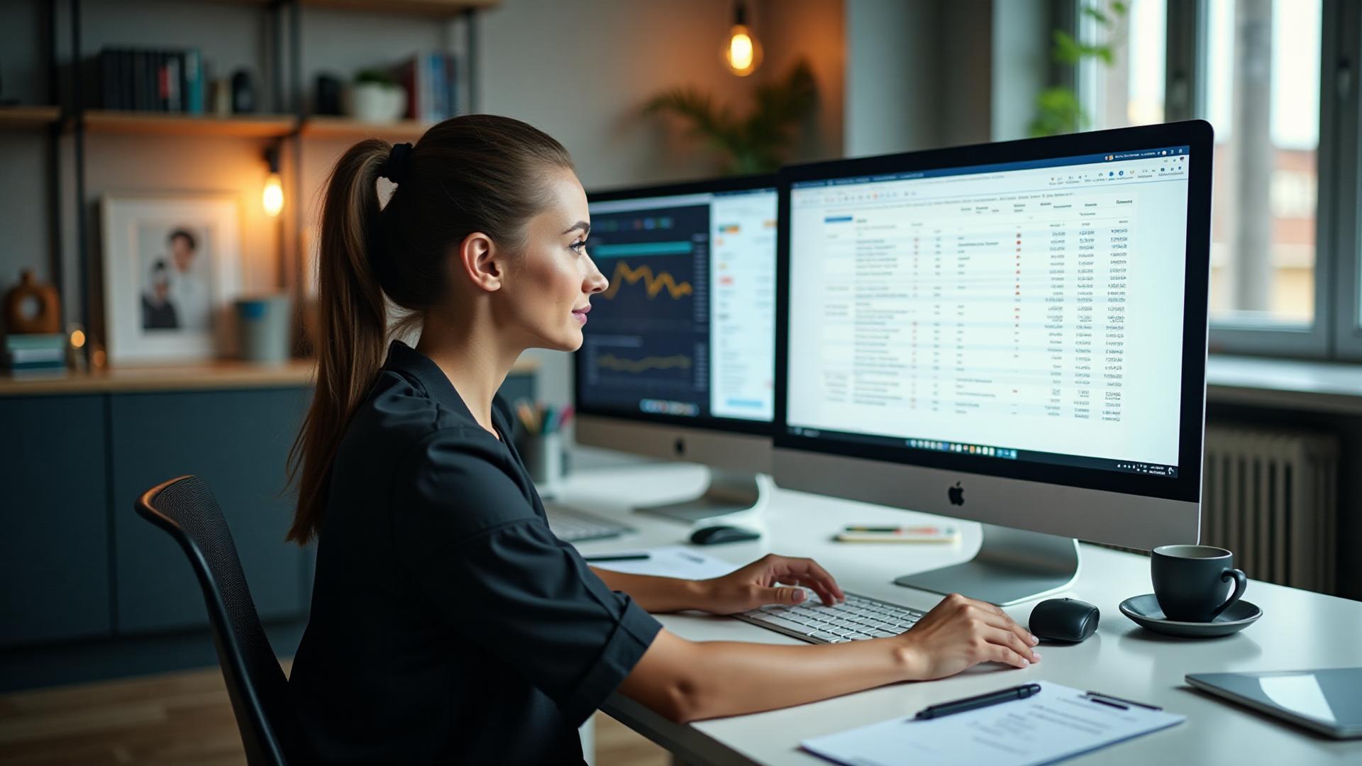 A bookkeeper reviewing financial records on a laptop in an office