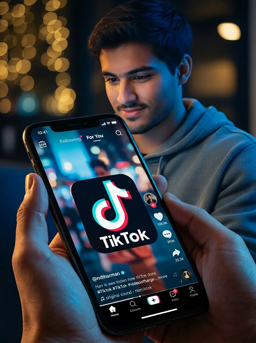 Adult learner scrolling TikTok on a smartphone