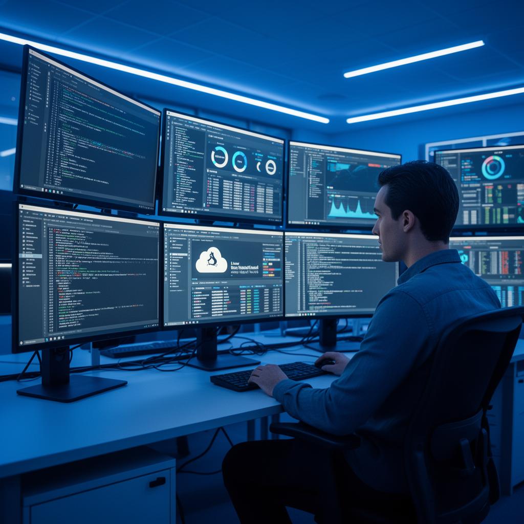 A cloud administrator reviewing infrastructure dashboards on dual monitors