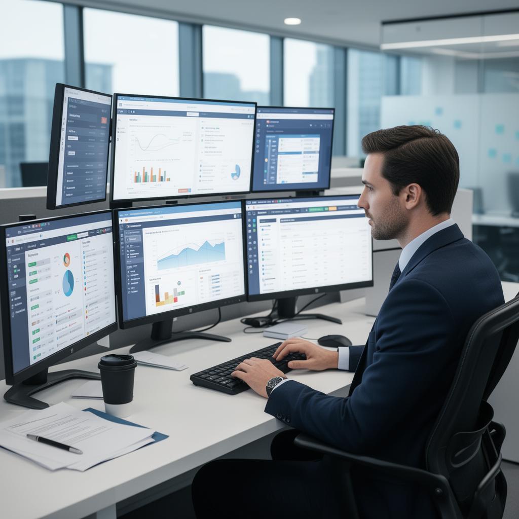 A systems analyst reviewing database queries and dashboards