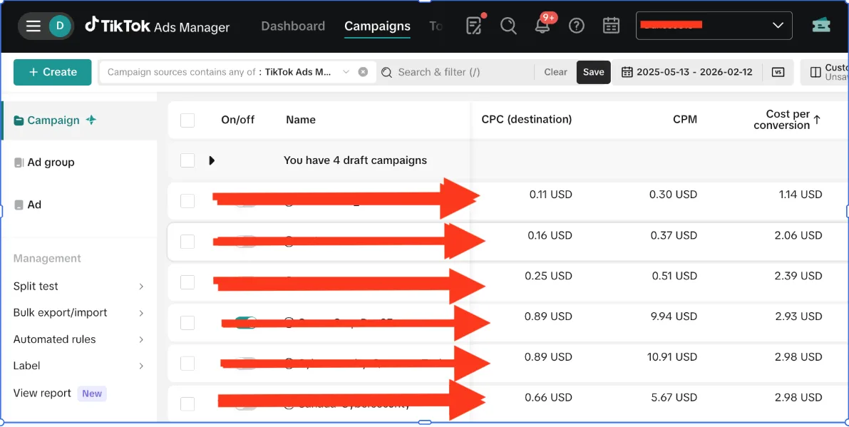 TikTok Ads Manager — actual CPC and cost per conversion across live campaigns
