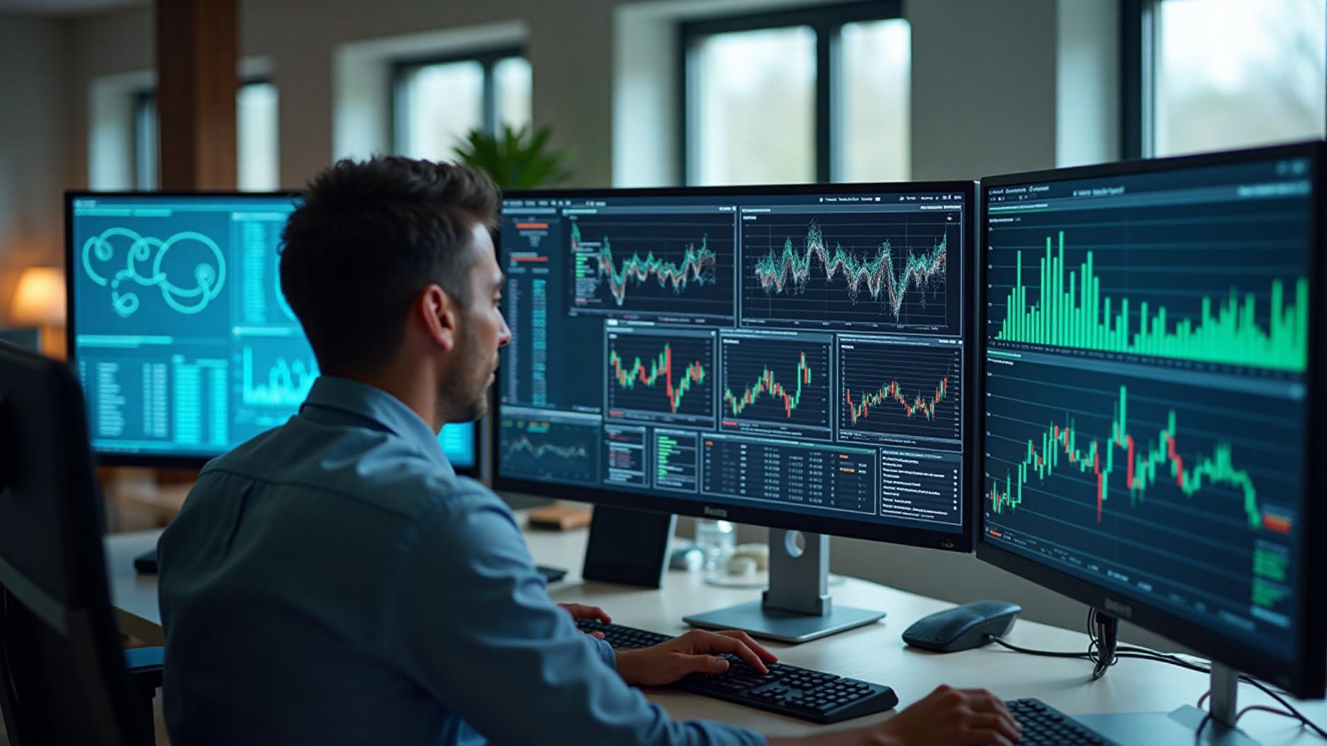 A data analyst reviewing charts and dashboards on a laptop