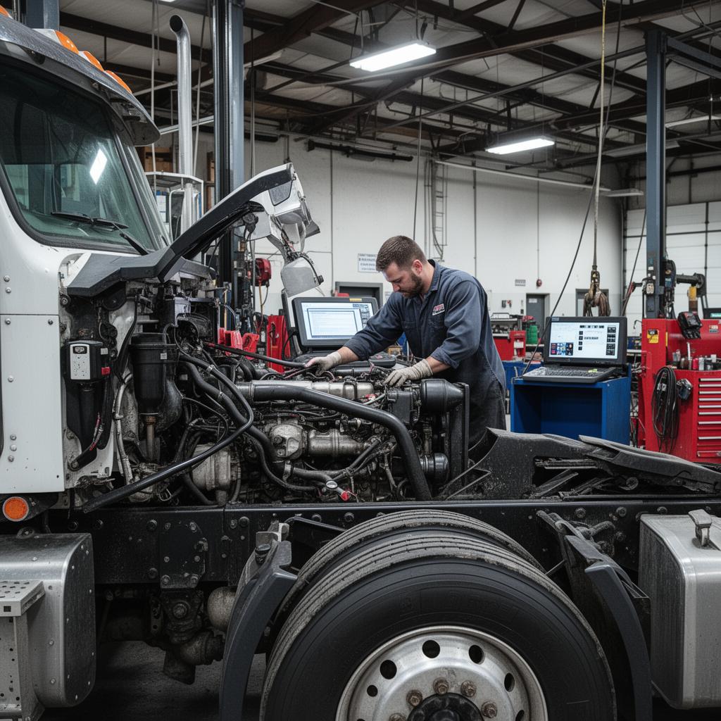 A diesel technician diagnosing a heavy truck engine in a fleet shop