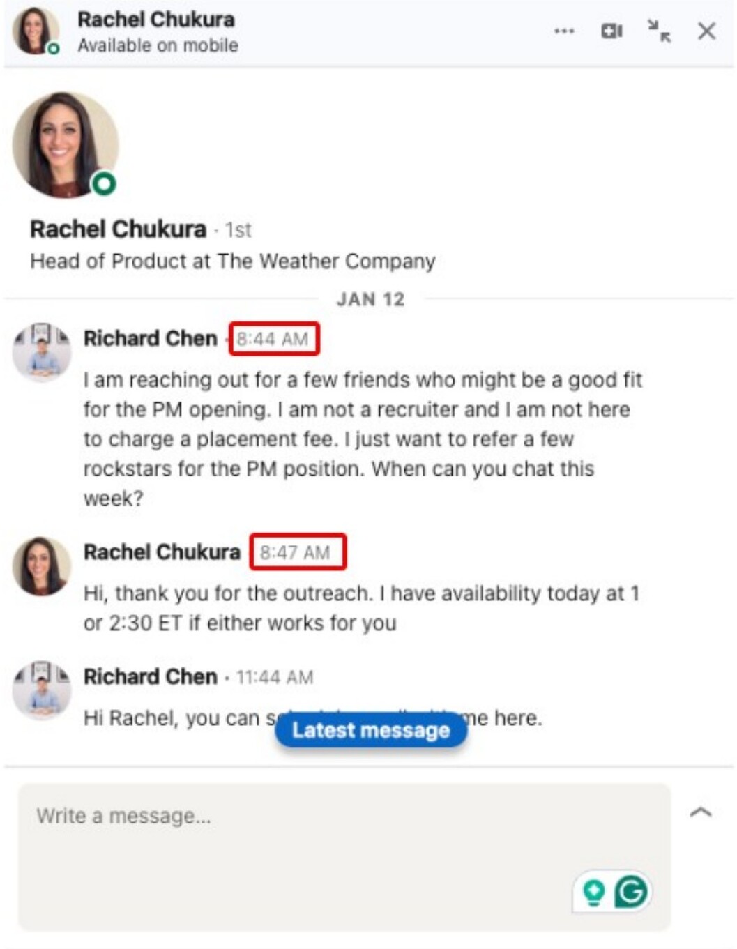 LinkedIn DM where a hiring manager responds within 3 minutes