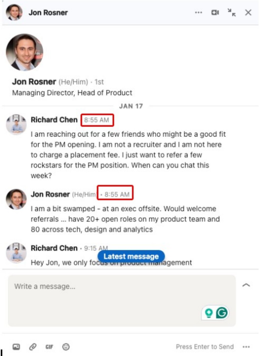 LinkedIn DM where a director offers 20+ open roles