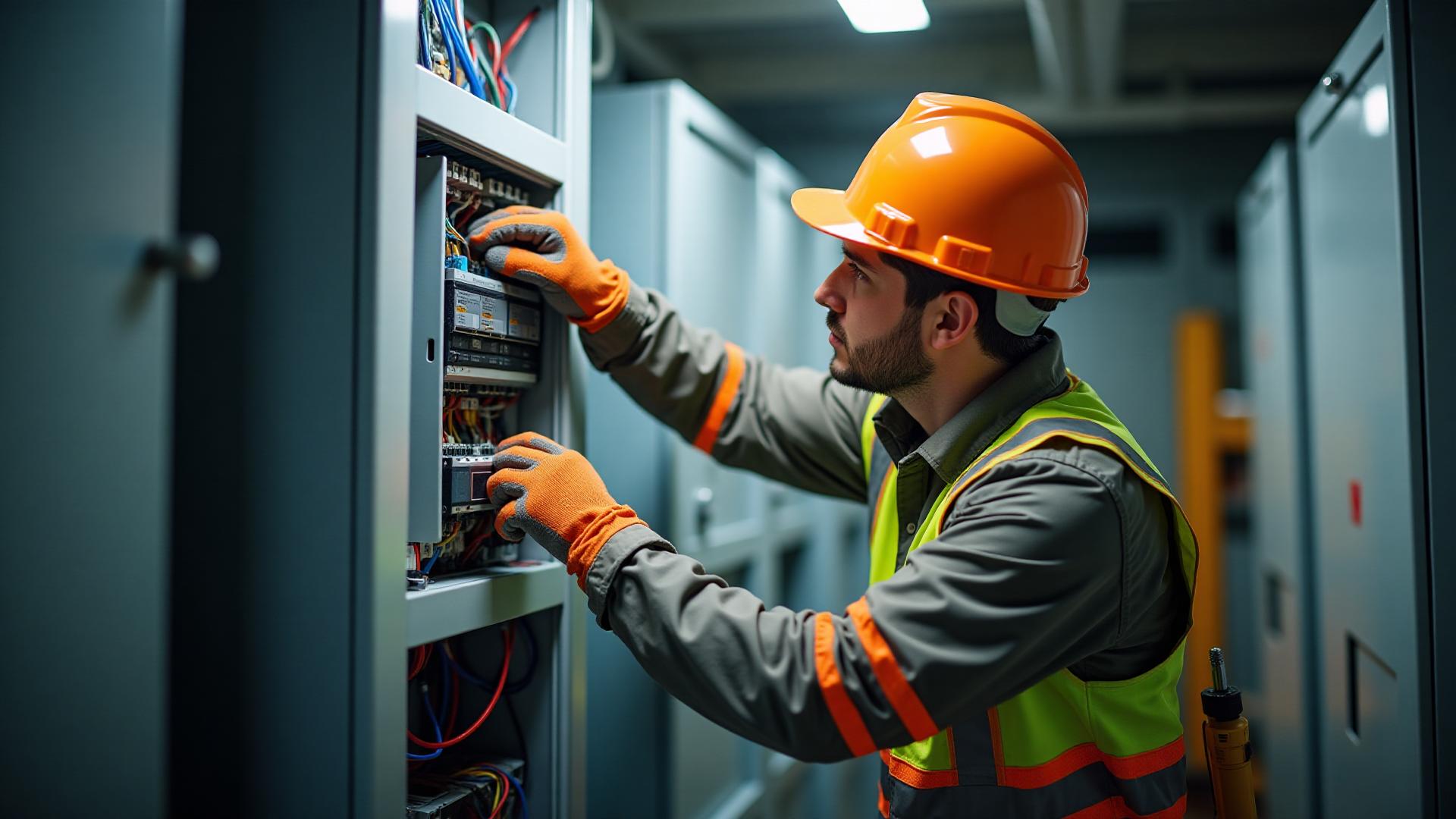 An electrician terminating conductors in a commercial panel