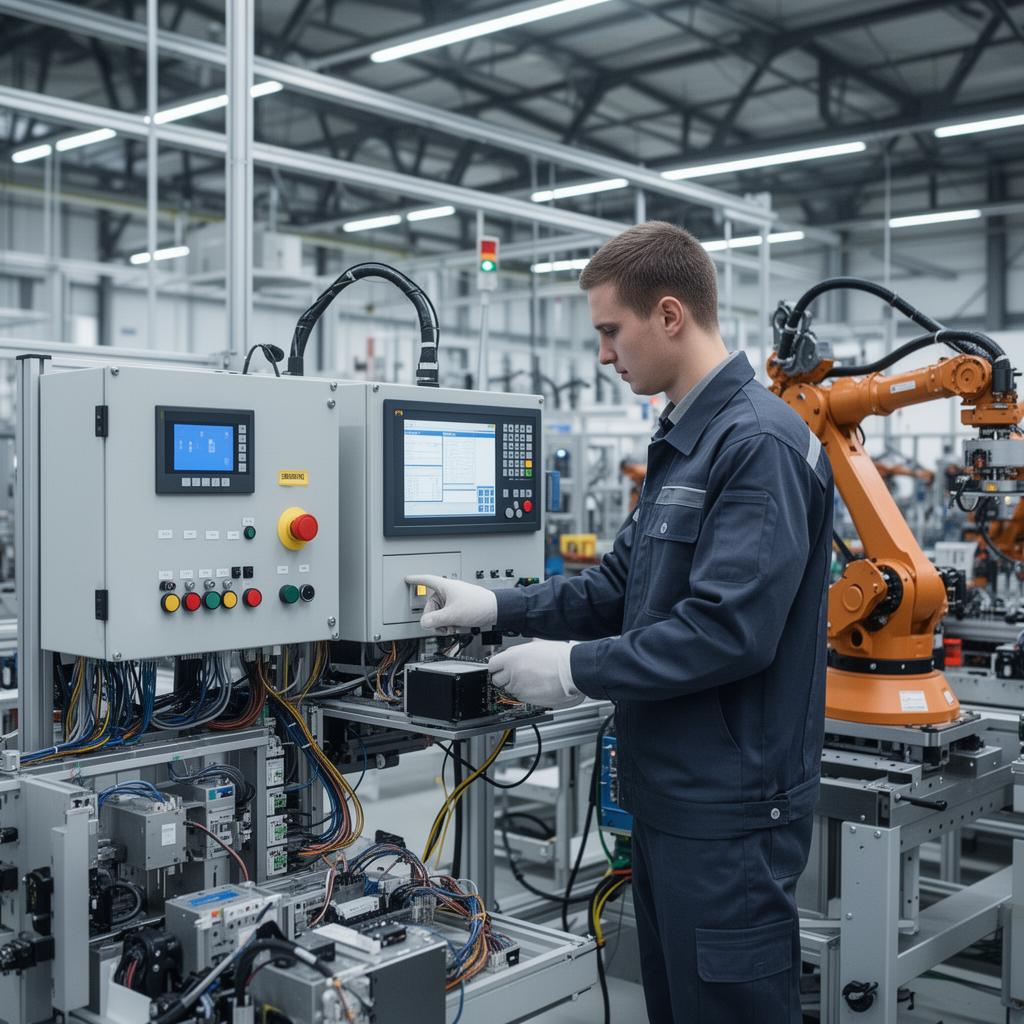 A technician programming an automated robotic work cell
