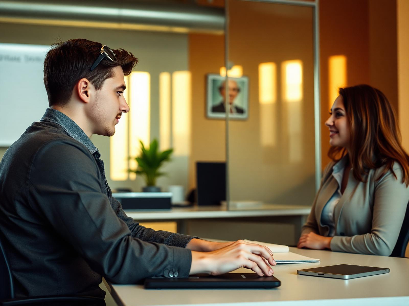 A young professional meeting with a colleague at a desk in a modern office