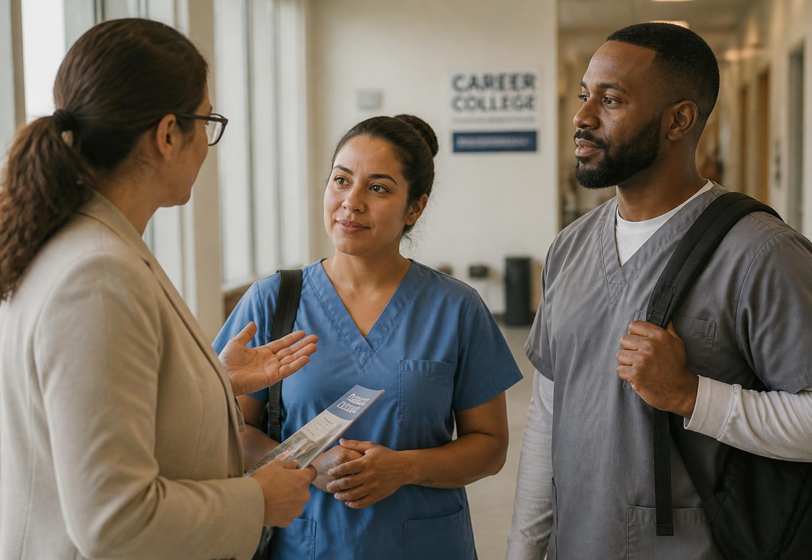 An admissions director speaking with two adult learners in a career college hallway