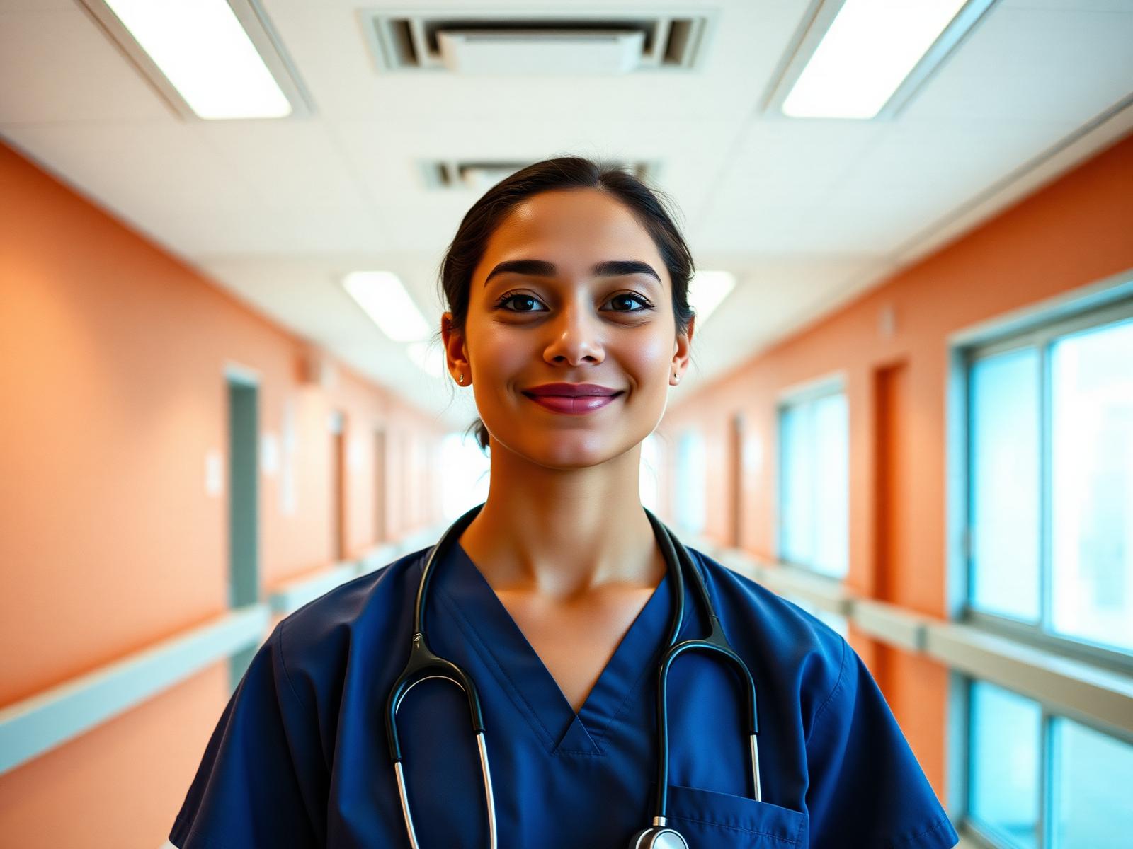 A medical assistant in scrubs standing in a clinic hallway after finishing her training program