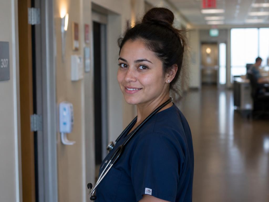 A medical assistant in scrubs standing in a clinic hallway after finishing her training program