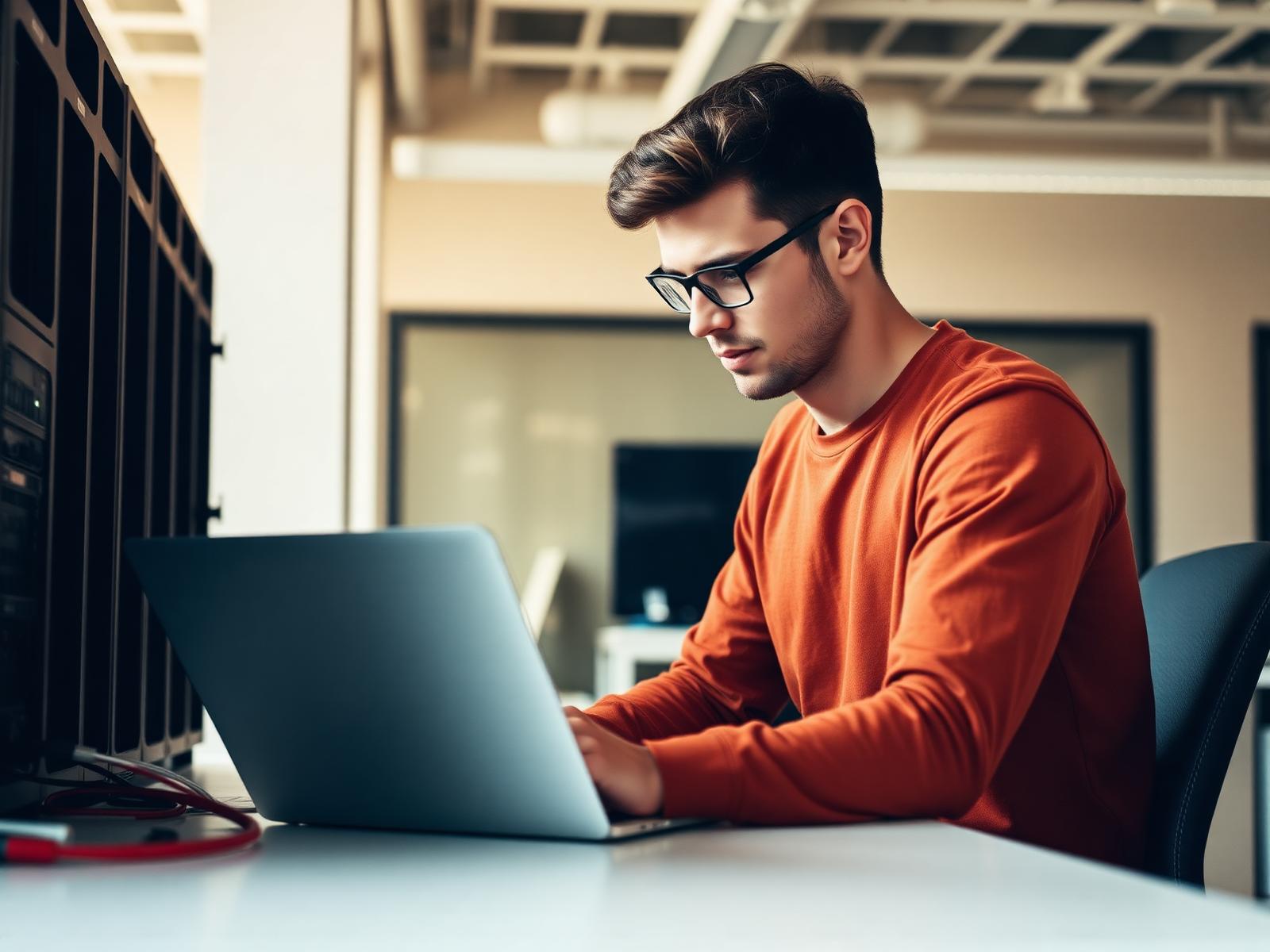 An IT support technician working on server hardware and a laptop in a modern office