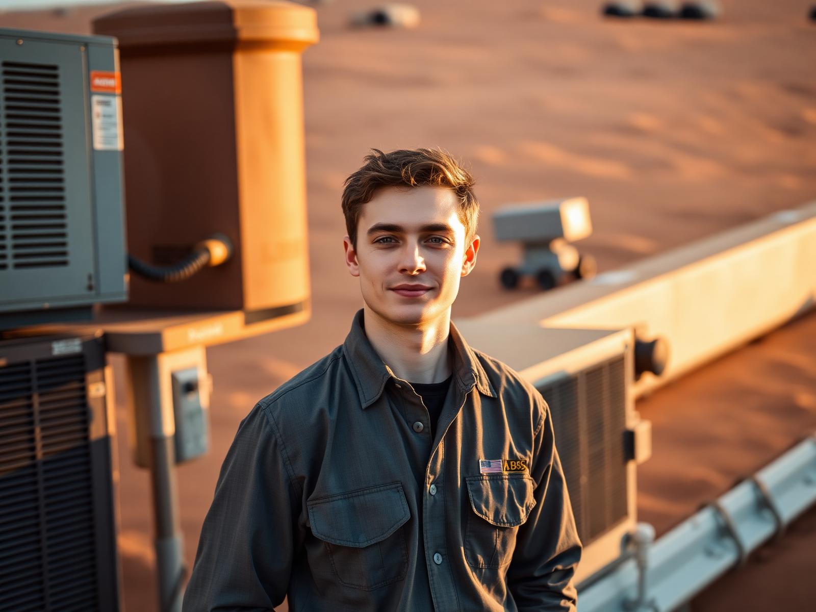 An HVAC technician standing beside rooftop equipment after finishing his training program