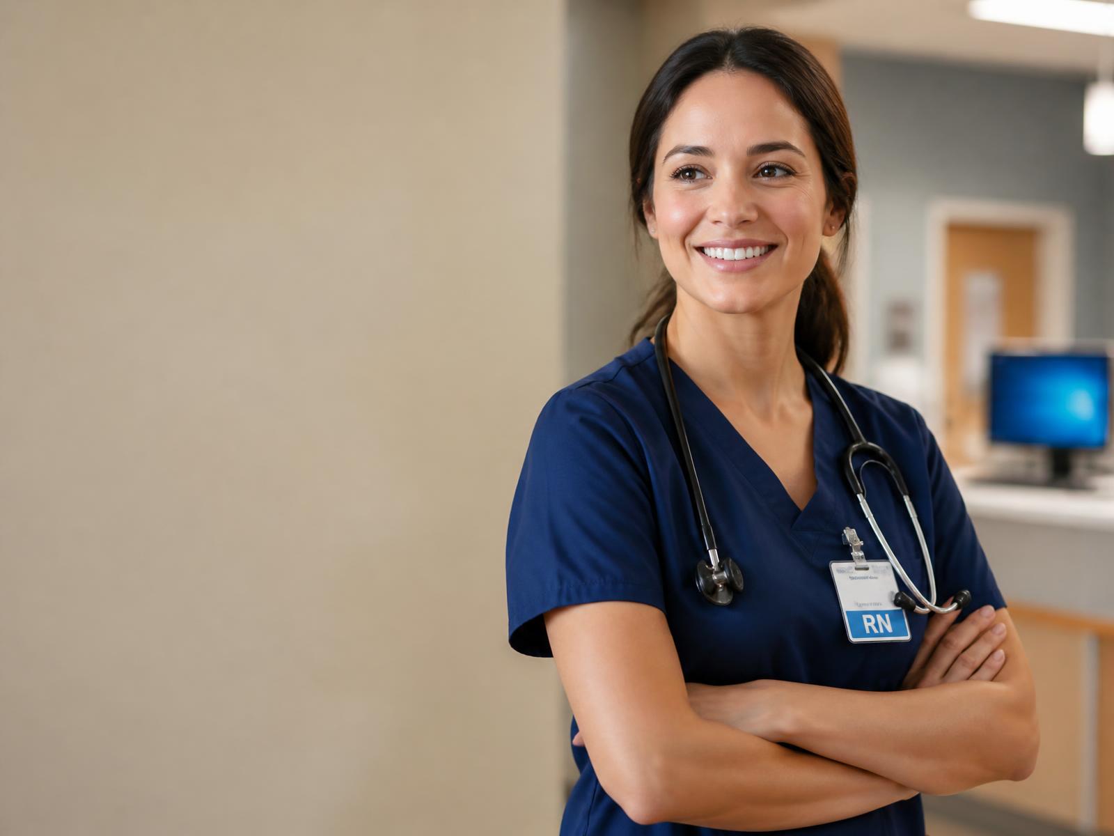 A healthcare worker standing in a bright clinic after finishing her career training program