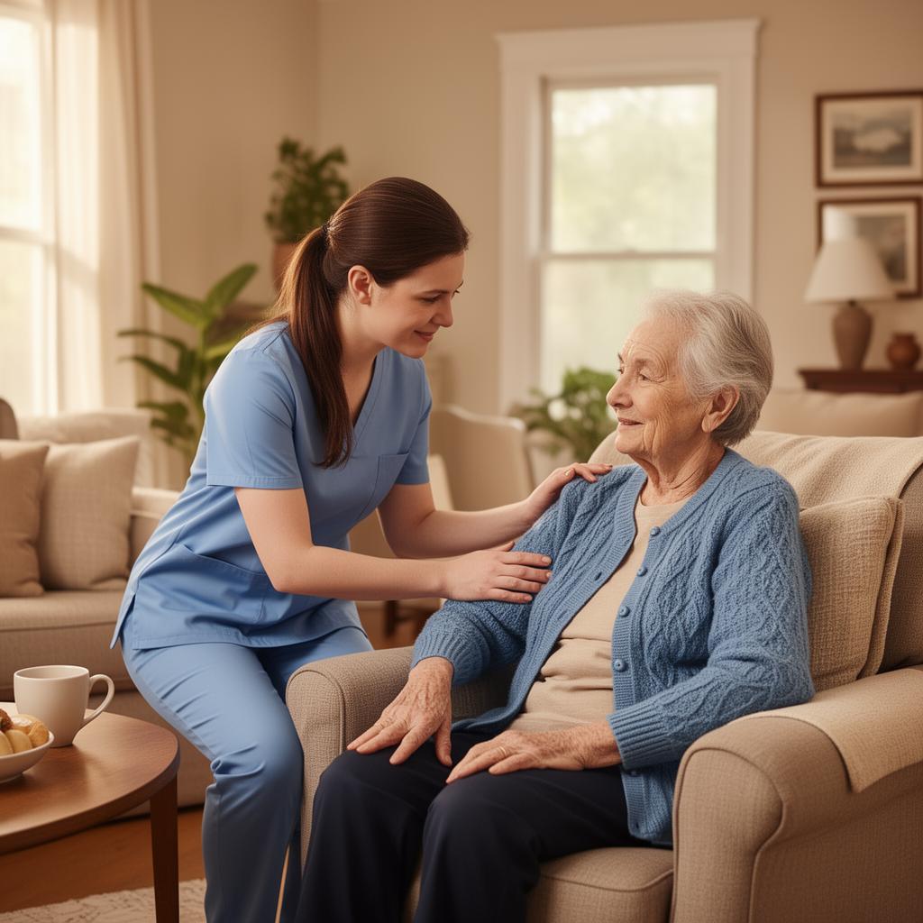 A home health aide assisting an older adult in their home