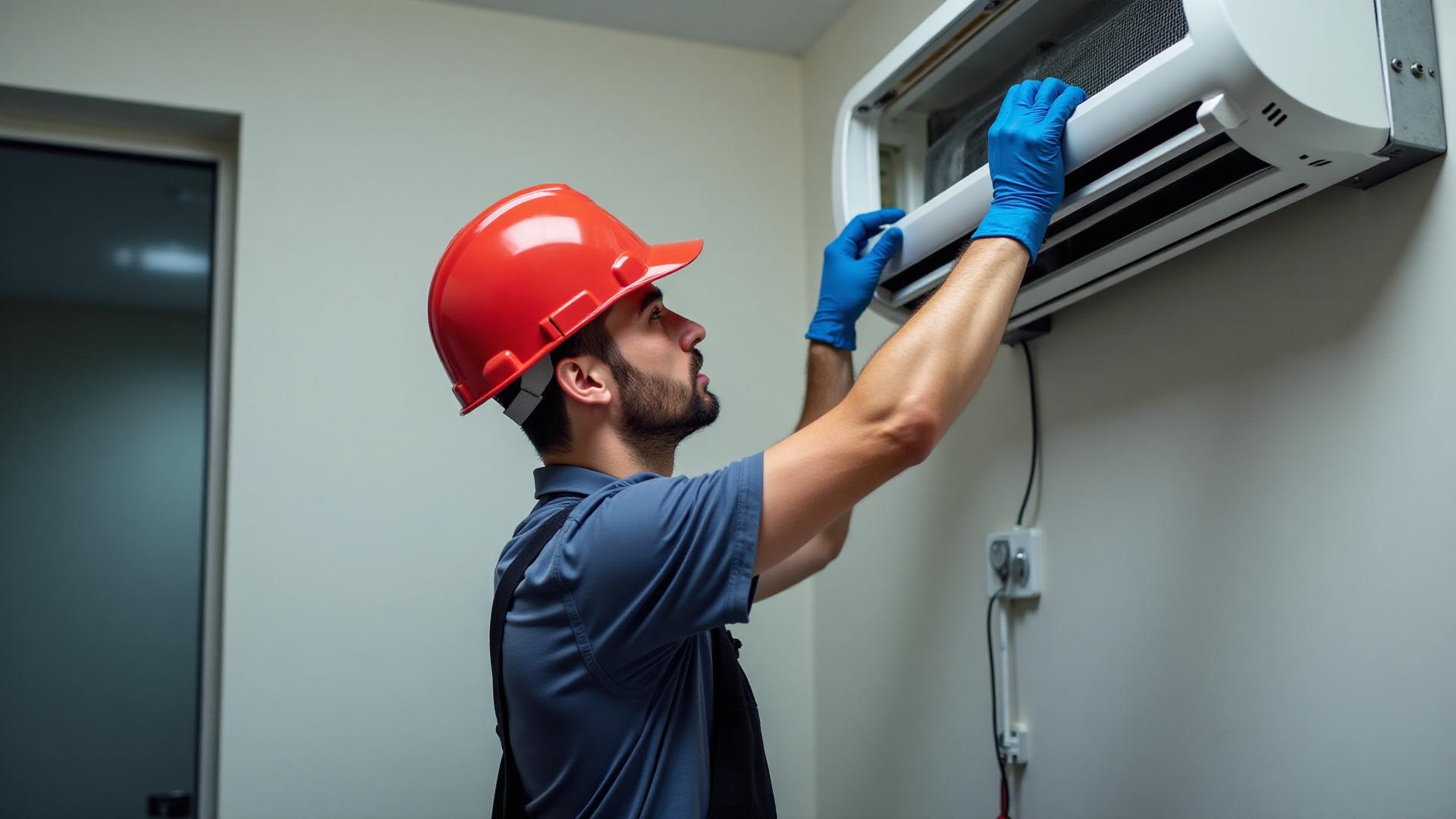 An HVAC technician servicing rooftop heating and cooling equipment