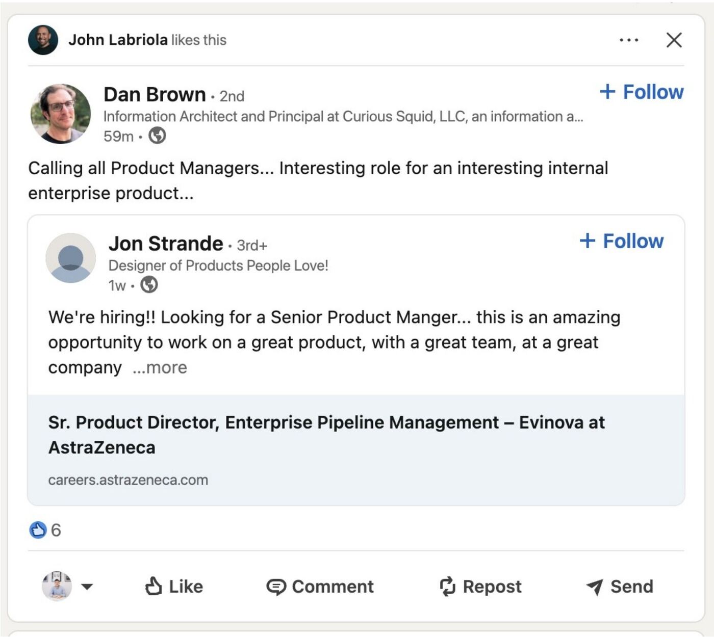 LinkedIn post showing a senior PM role at AstraZeneca surfaced through network