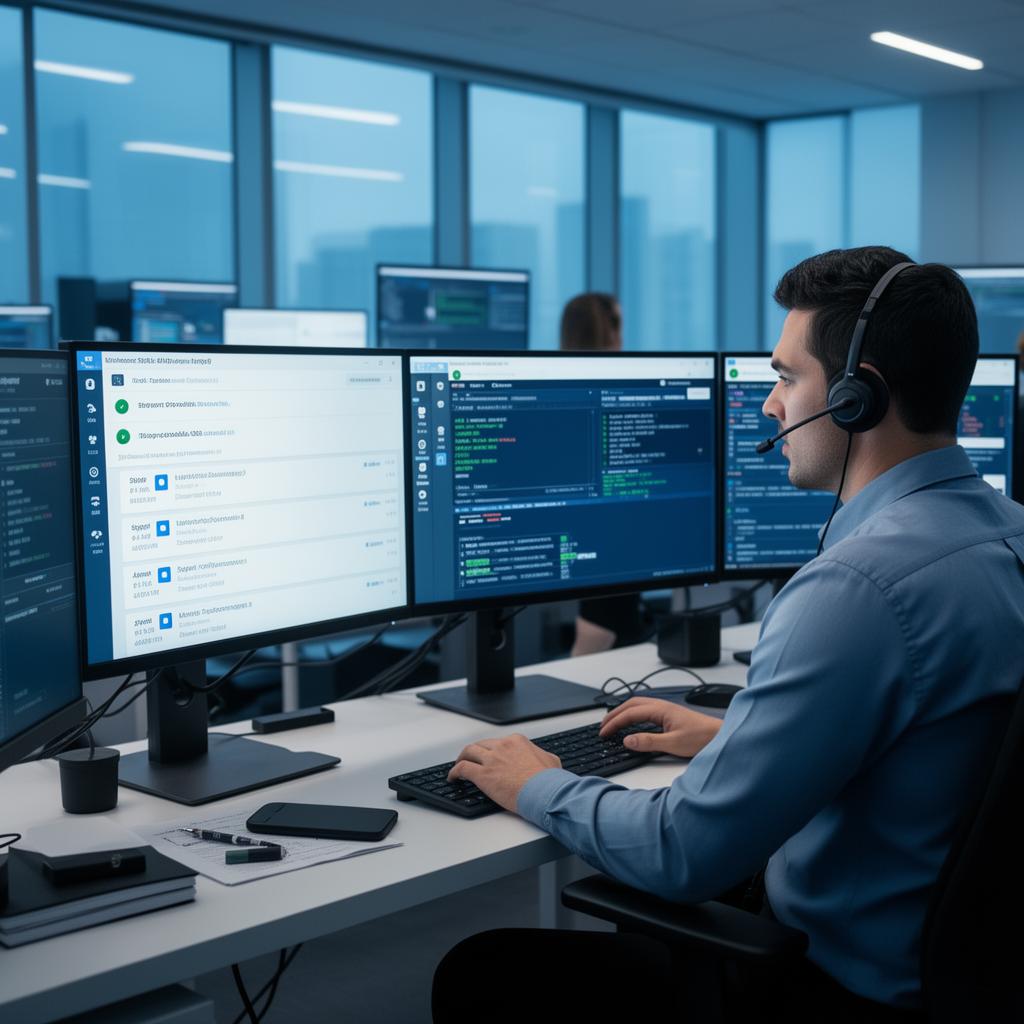 An IT support technician working at a multi-monitor helpdesk station