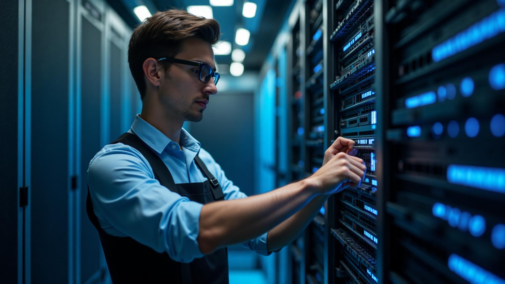 A network technician terminating cables in a server rack
