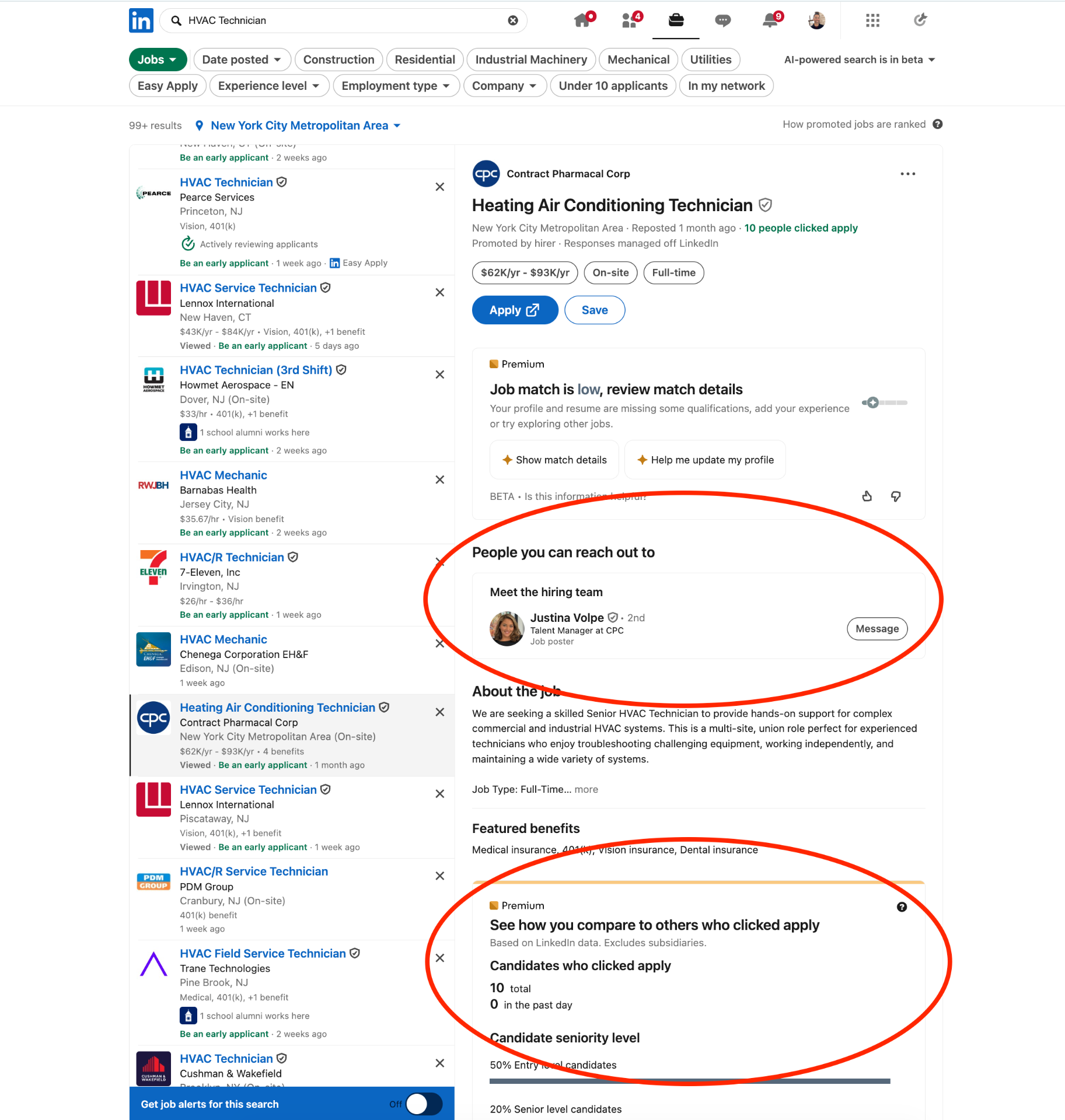 LinkedIn HVAC Technician job posting showing only 10 applicants and direct hiring manager access