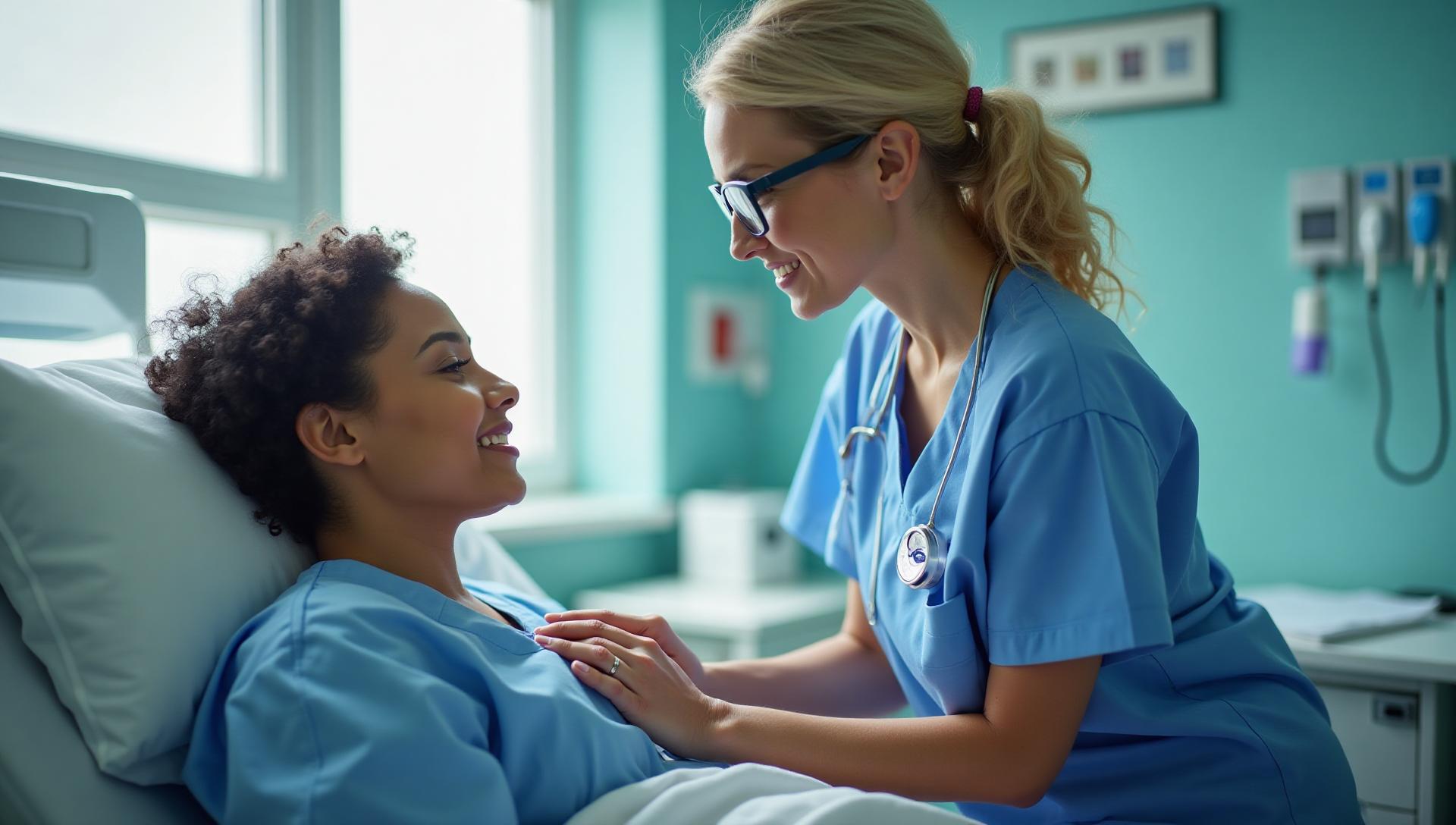 A licensed practical nurse checking a patient's chart at bedside