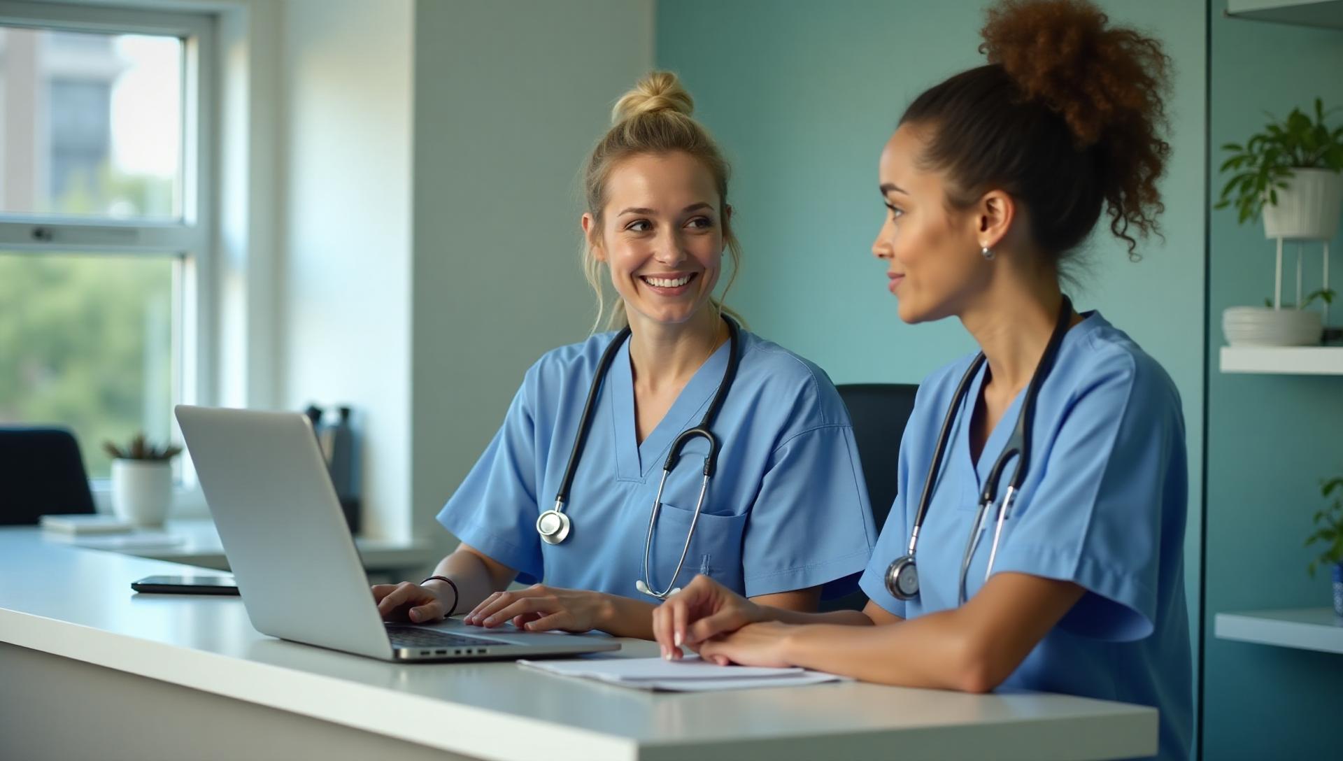 A medical office administrator checking in a patient at a clinic front desk