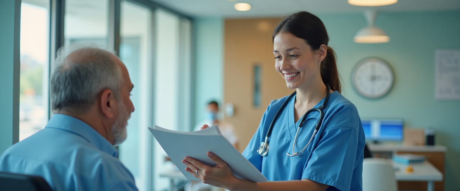 A medical assistant in scrubs preparing a clinic exam room