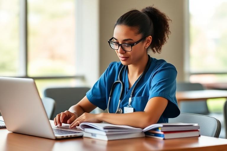 Associate degree nursing student studying with a laptop and textbooks