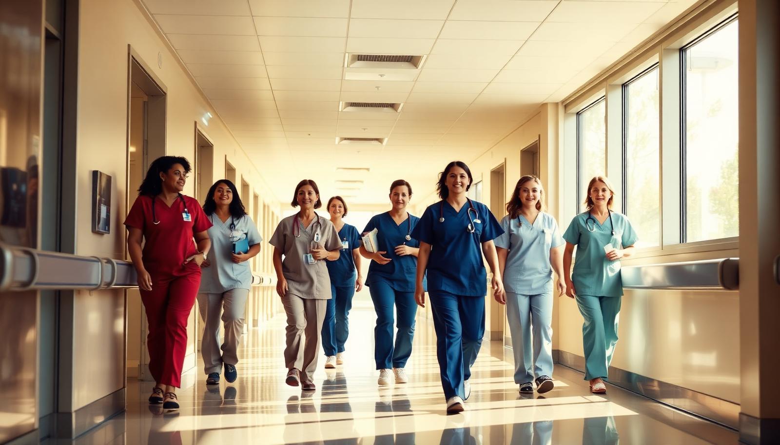 Nurses in scrubs walking through a bright hospital corridor