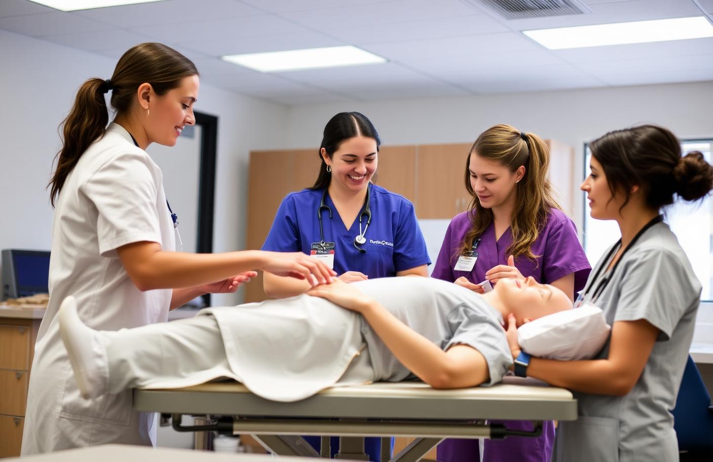 Nursing students practicing clinical skills with an instructor in a skills lab