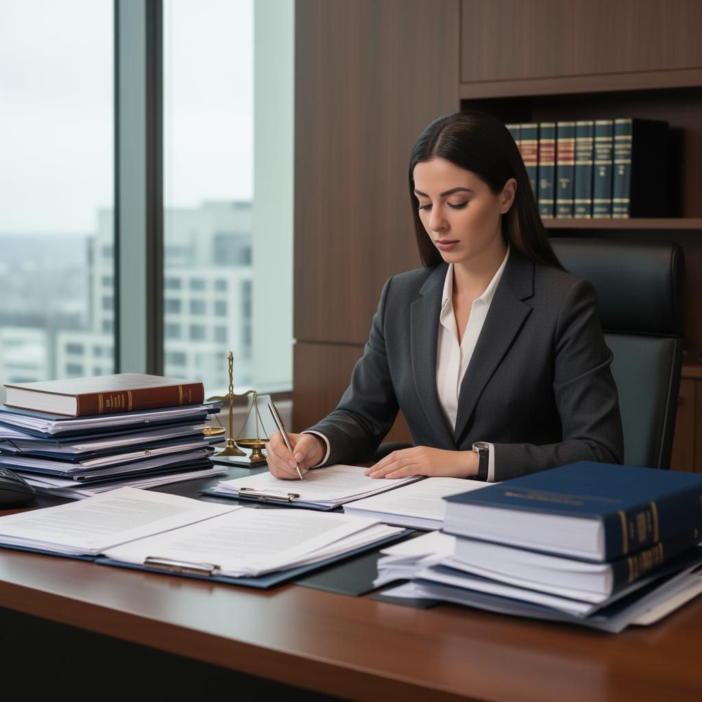 A paralegal reviewing case documents at a desk in a law office