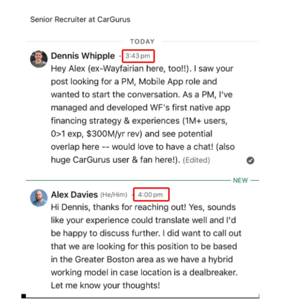 LinkedIn DM exchange with a Senior Recruiter at CarGurus replying within 17 minutes