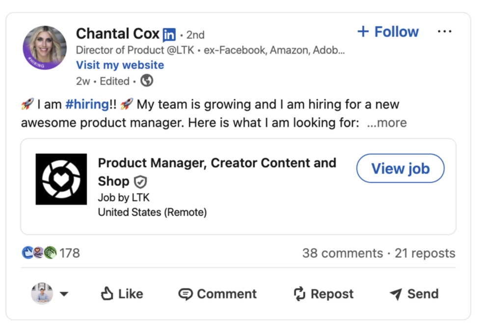 LinkedIn post from a Director of Product at LTK announcing they are hiring