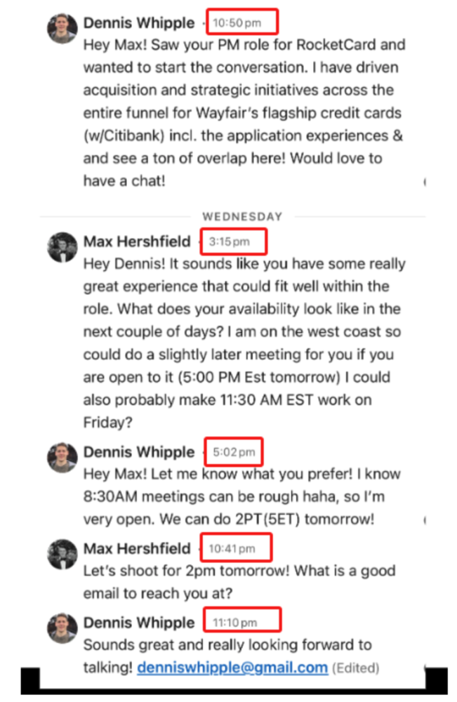 LinkedIn DM thread where a tailored outreach lands a scheduled interview