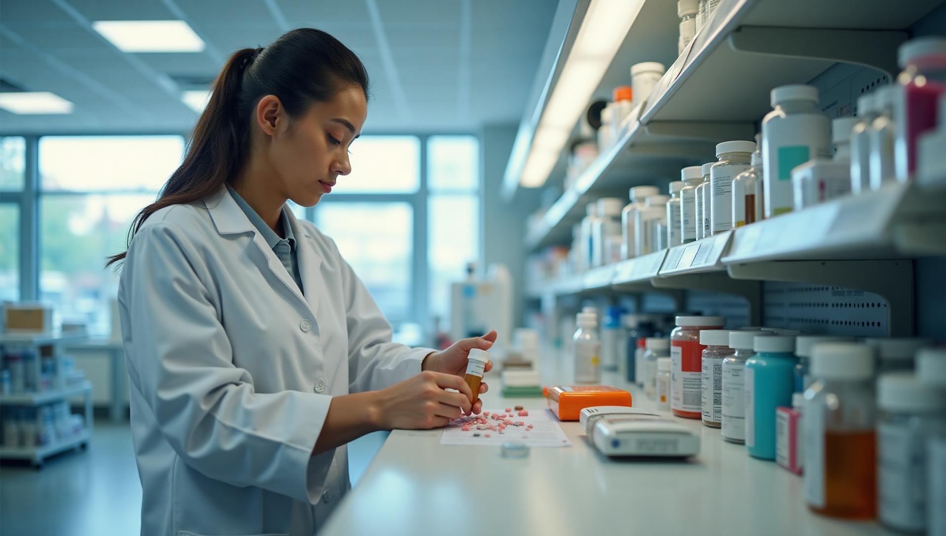 A pharmacy technician filling prescriptions behind a pharmacy counter