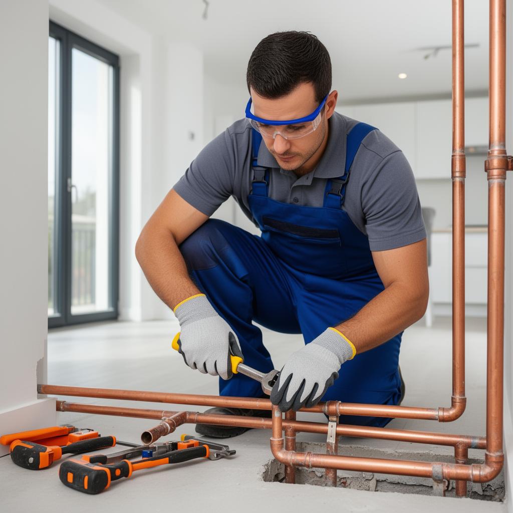 A plumber fitting pipe under a sink during a service call