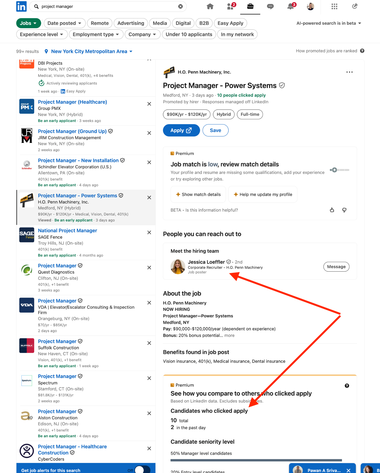 LinkedIn Project Manager job posting showing 10 applicants and direct recruiter access