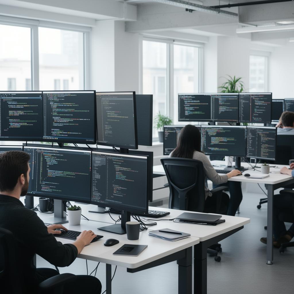 A software developer writing code on a laptop with a second monitor