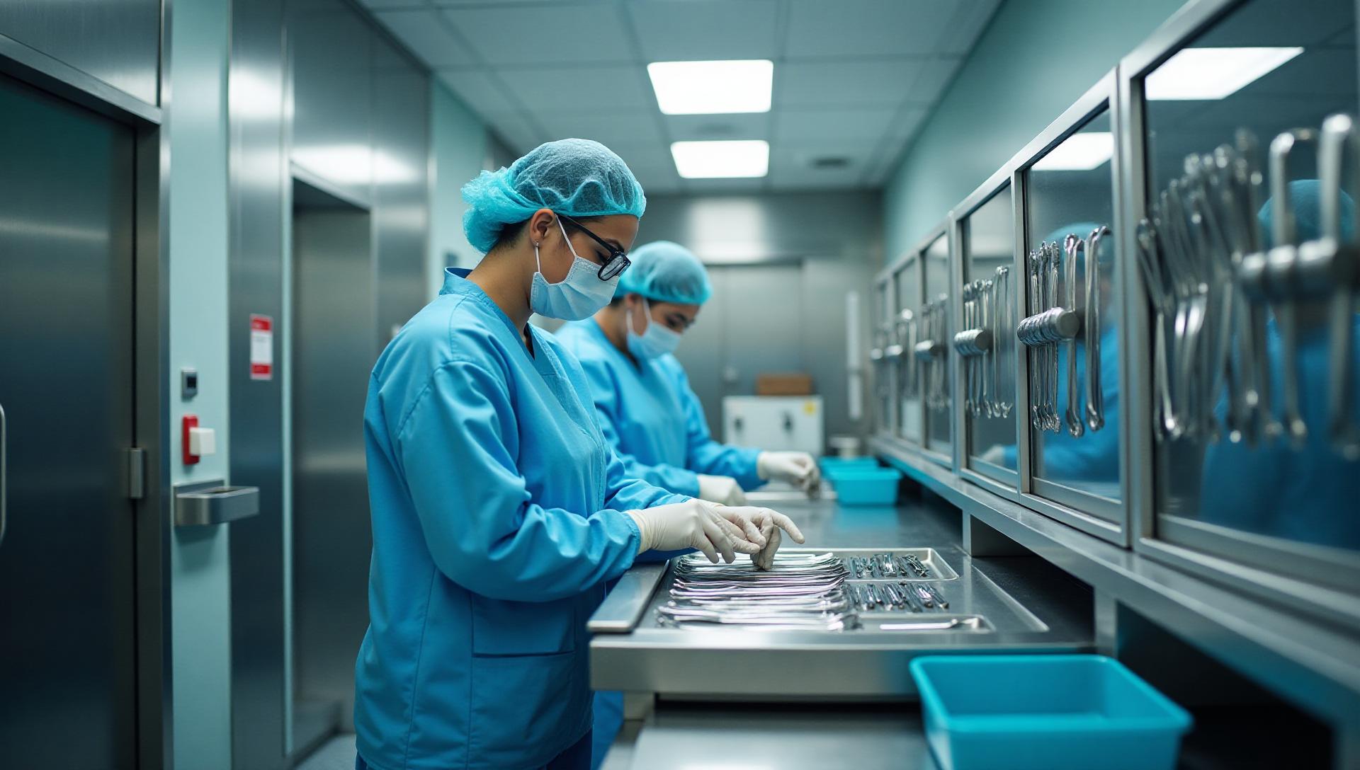 A sterile processing technician inspecting surgical instrument trays