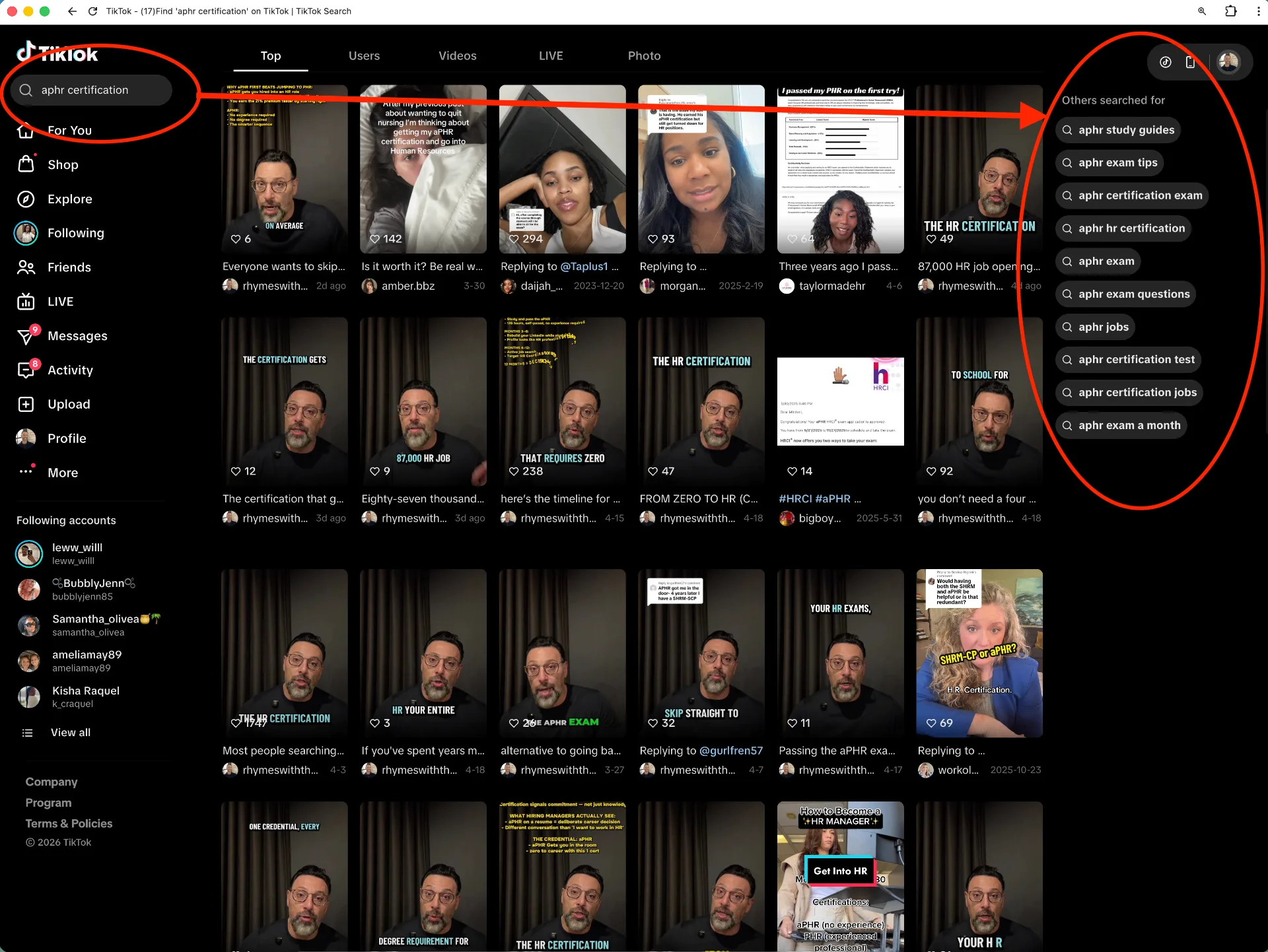 TikTok search for 'aphr certification' showing related autocomplete queries — aphr study guides, exam tips, certification exam, hr certification, jobs